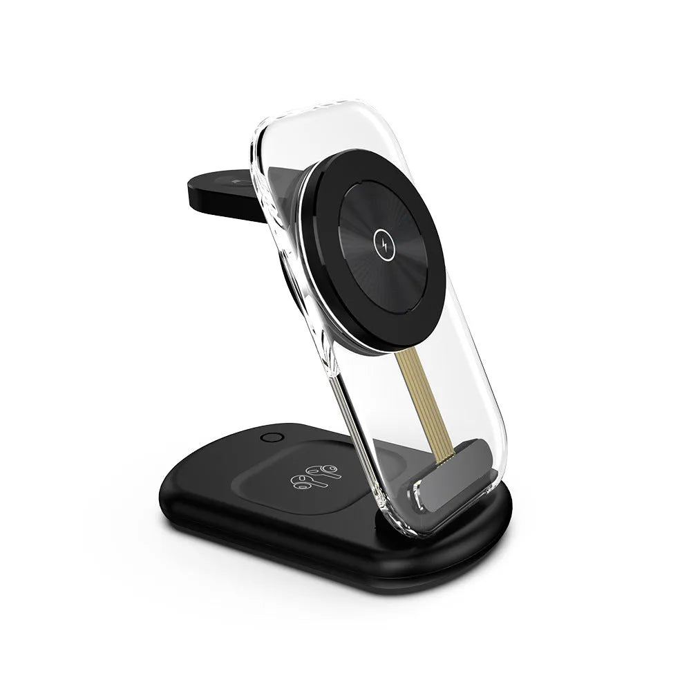 Transparent black and white folding three-in-one magnetic wireless charger showing folded and open views