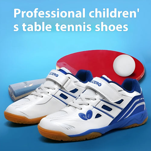 White and blue PVC low-top badminton shoes with hand-painted detail and a ribbed sole.