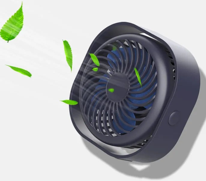 USB charging desk fan with alarm clock in blue, showing 360-degree rotation.