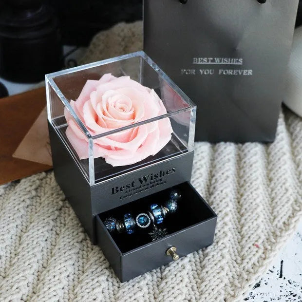 Eternal flower gift box with artificial roses, measuring 8.5cm wide and 10.5cm high