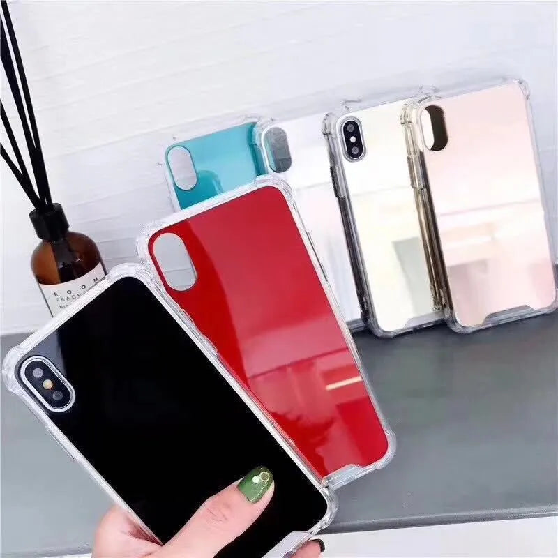 Black mirror-finish TPU protective case on an iPhone, showing soft edges and full screen coverage.