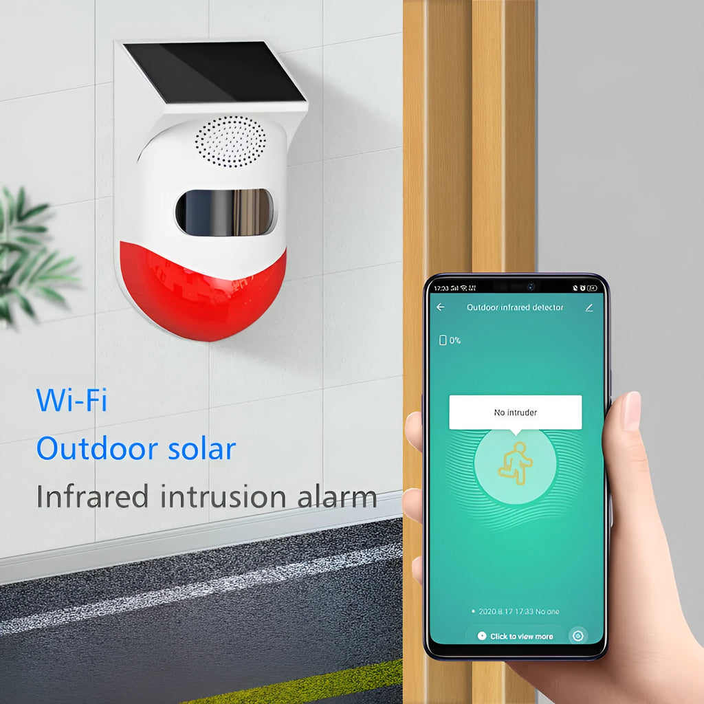 Solar powered infrared alarm with wireless remote control for outdoor property protection