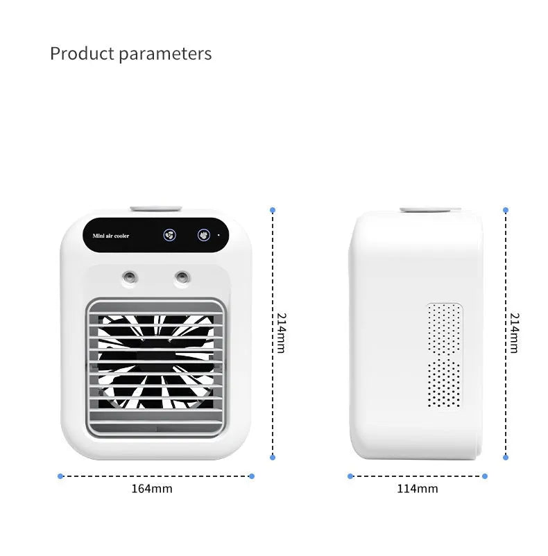 Ivory white portable air cooler with touchscreen panel and USB cable on a desk