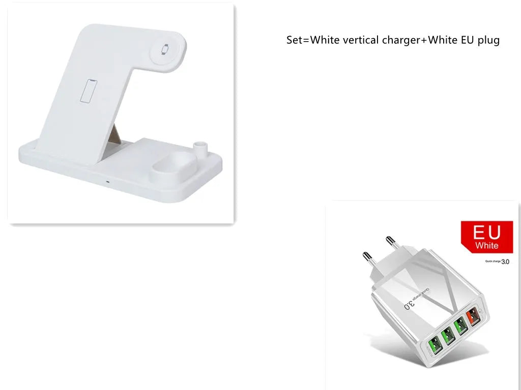 4-in-1 wireless charging station showing phone on adjustable stand, with Apple Watch, AirPods, and Apple Pencil on their charging spots.
