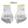 Ten pairs of white PU coated work gloves showing wear-resistant palms and 24cm length.