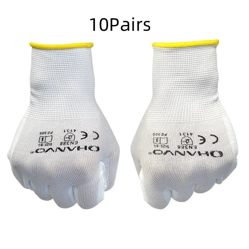 Ten pairs of white PU coated work gloves showing wear-resistant palms and 24cm length.