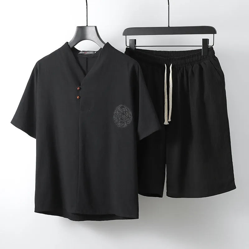 Men's loose linen cotton two-piece set with short-sleeved top and shorts in apricot colour.