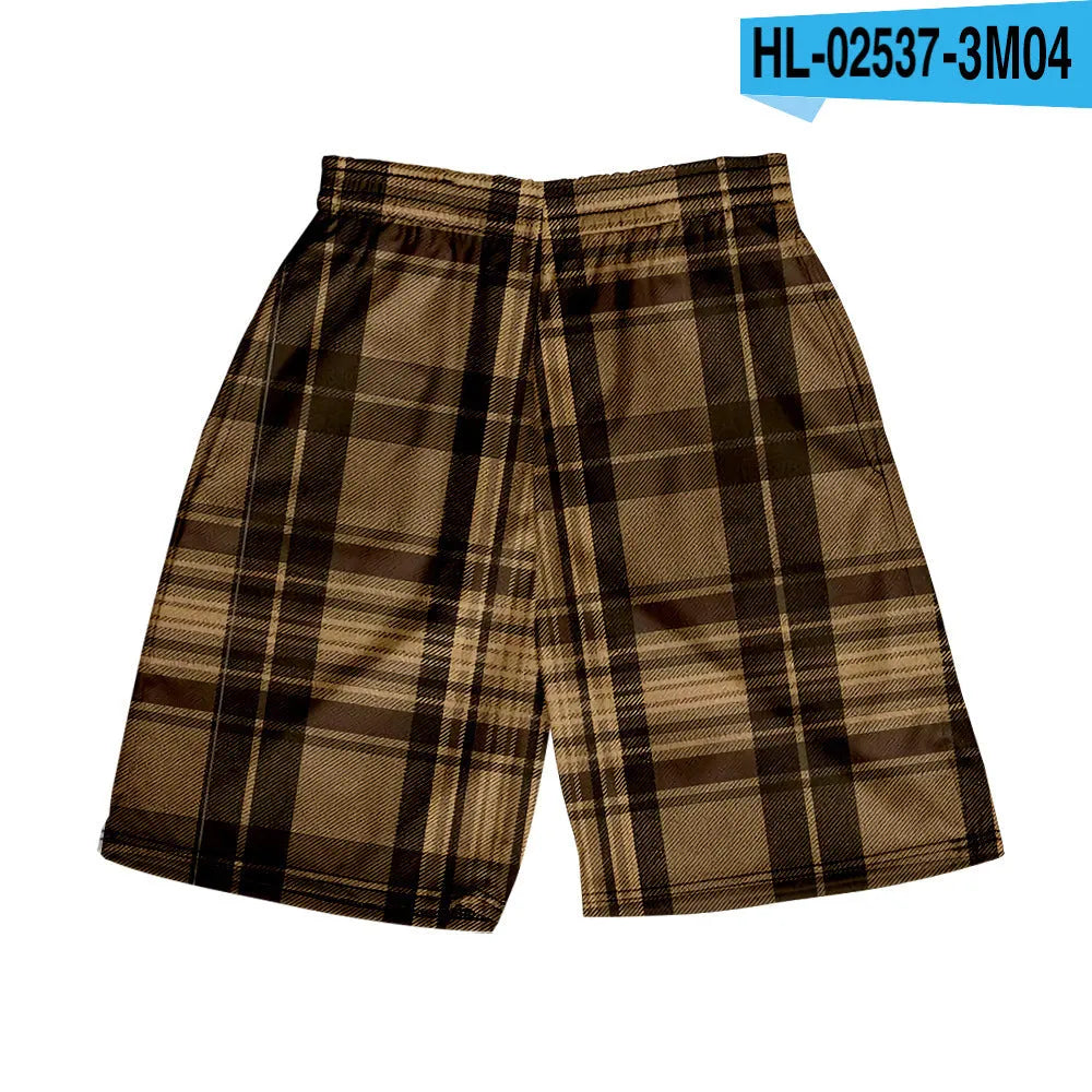 Man wearing straight-leg plaid shorts with an elastic waistband on a beach, showing one of twenty available colour variations.