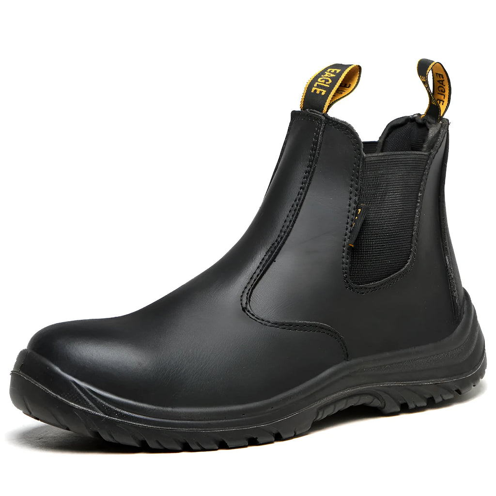 Black leather safety work boots with high-top design and anti-piercing protection