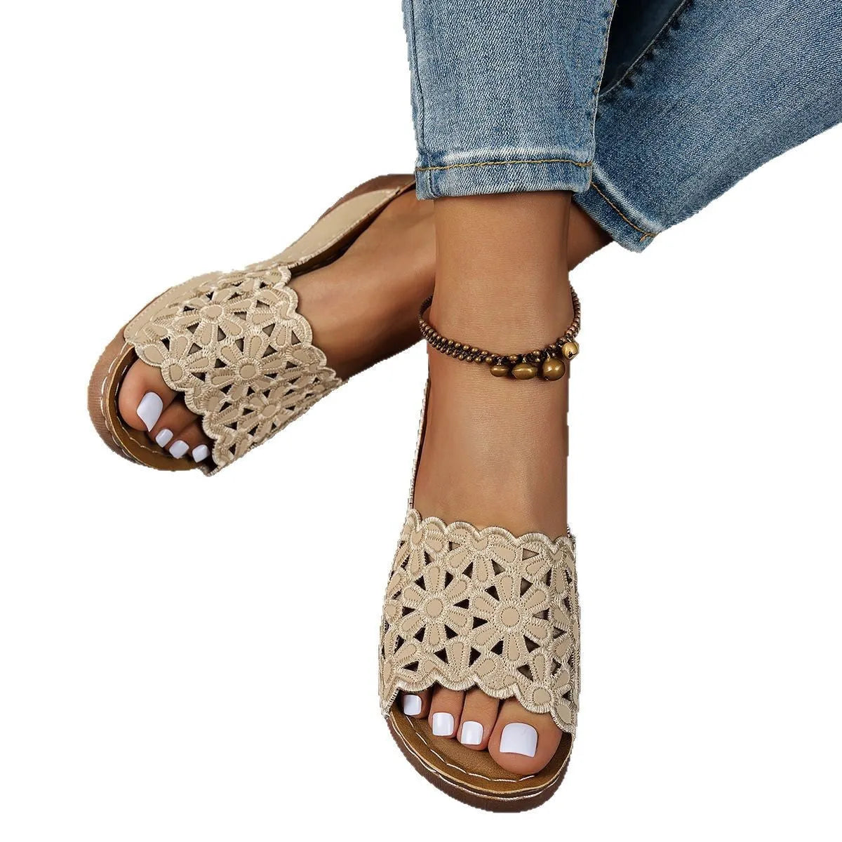 Women's black wedge beach slippers with flower cutout design and fish mouth toe