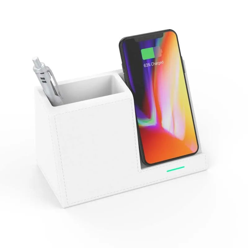 Black leather pen holder wireless charging station for desk organisation with phone charging surface