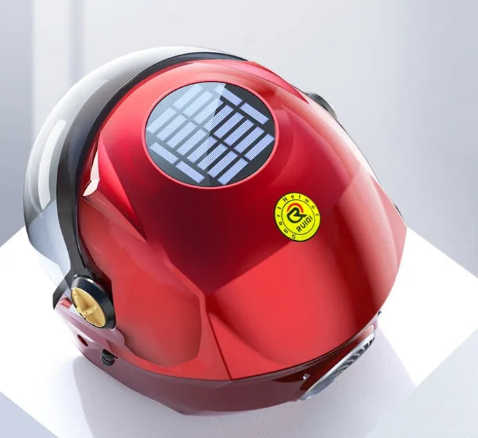 Solar smart helmet ABS+ in black on a black background showing solar panel and LED light