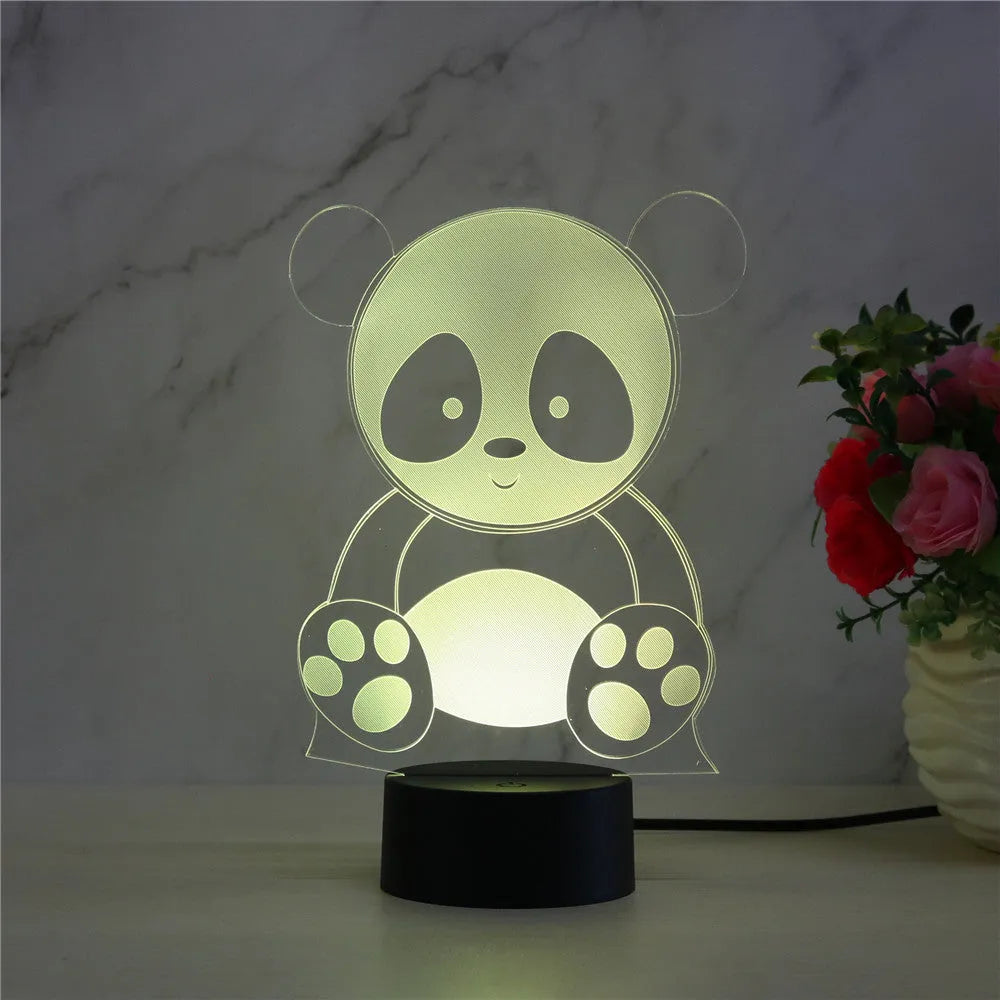 Panda night light with acrylic panel and ABS base showing multi-colour LED illumination.