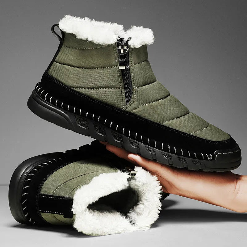 Men's plus size snow boot in black with round toe, cotton upper, and rubber sole.