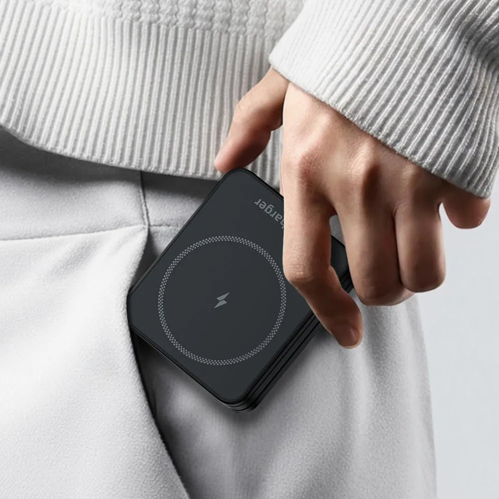 Three-in-one folding magnetic wireless charger in black with USB cable