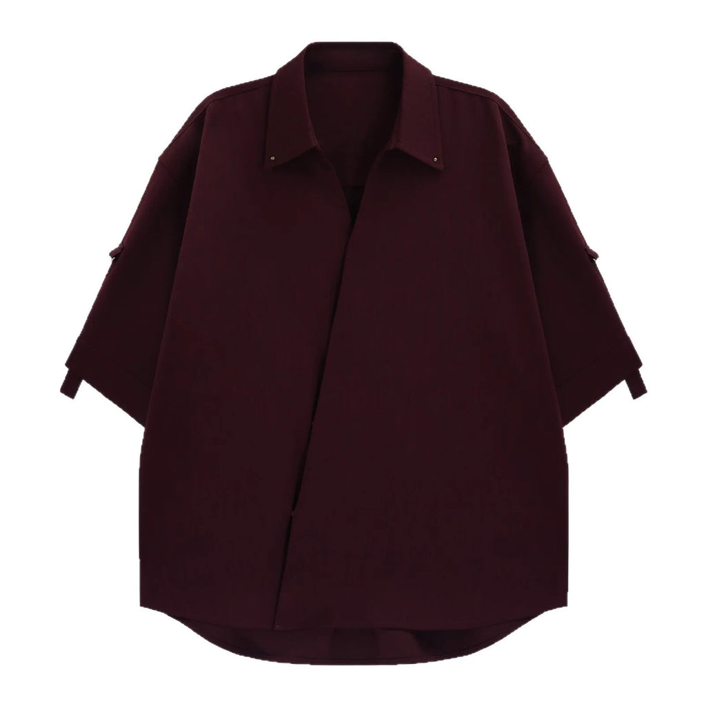 Men's loose fit polyester cardigan shirt in red, casual style front view