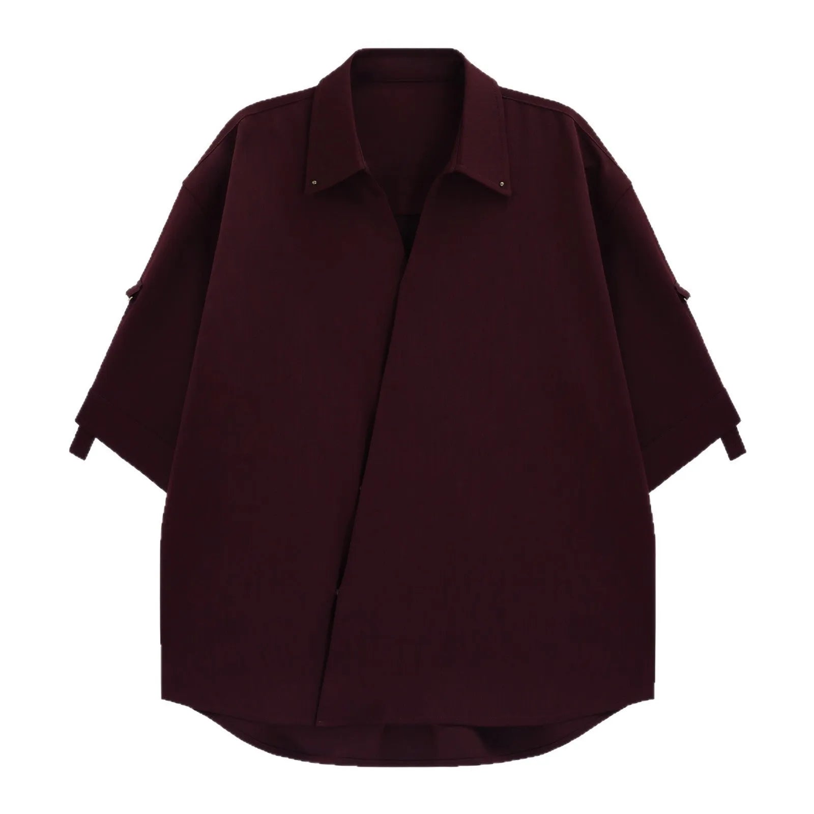 Men's loose fit polyester cardigan shirt in red, casual style front view