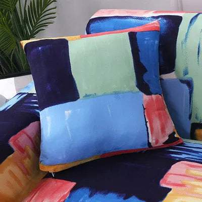 Geometric patterned stretch sofa slipcover fitted on a three-seater sofa