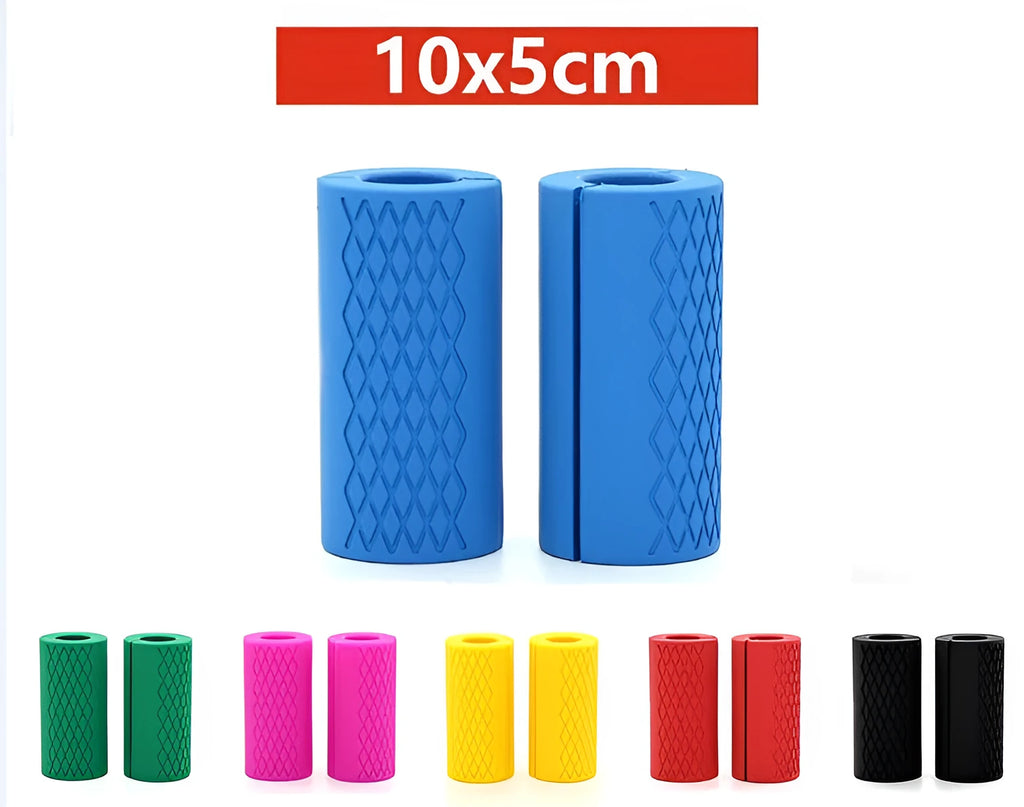 Set of fashion silicone dumbbell and barbell grips in round and grid patterns, black and blue, food-grade material