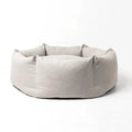 Round soft fabric pet bed in Army Green, Grey, or Warm Khaki, available in S 50cm, M 60cm, L 70cm, and XL 90cm sizes