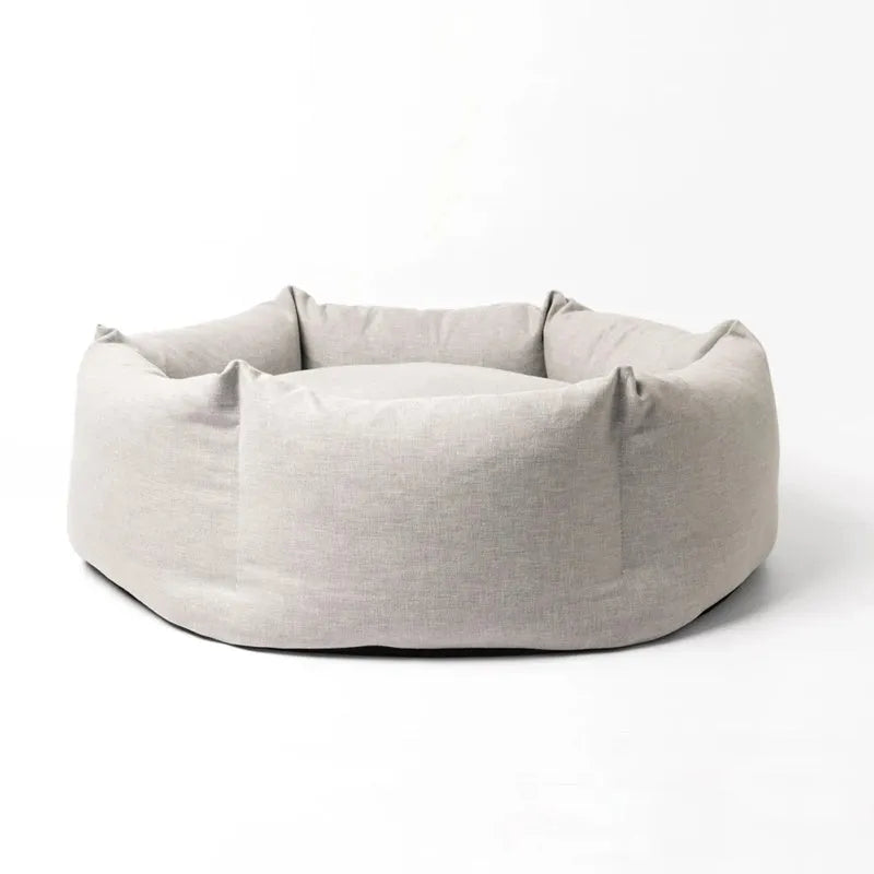 Round soft fabric pet bed in Army Green, Grey, or Warm Khaki, available in S 50cm, M 60cm, L 70cm, and XL 90cm sizes