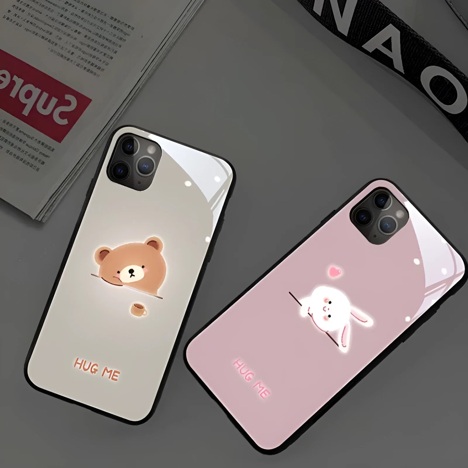 LED phone case for Apple iPhone with tempered glass back and glowing lights in cartoon colour