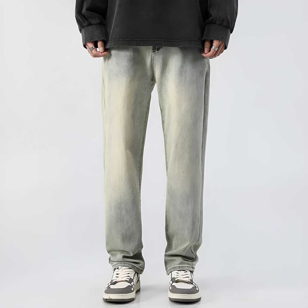 Men's washed distressed slim straight cotton pants in Cement Yellow, tapered leg mid-rise