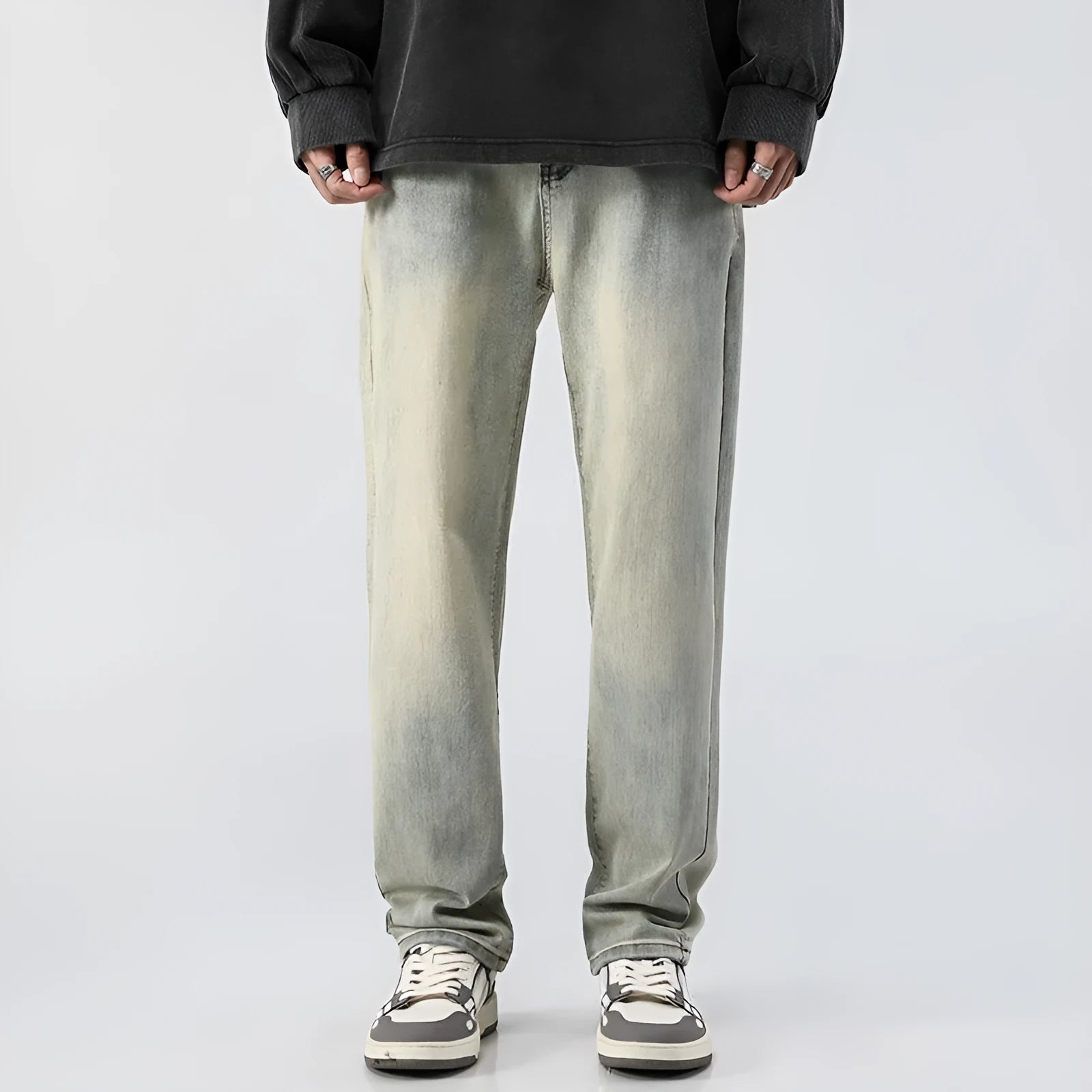Men's washed distressed slim straight cotton pants in Cement Yellow, tapered leg mid-rise