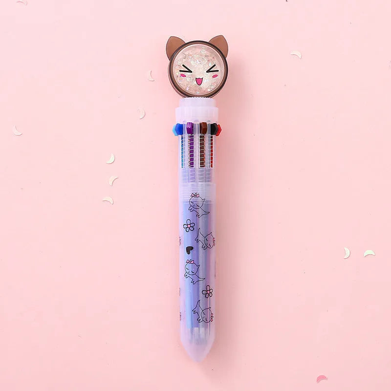 Cute cat design ten-colour 0.5mm push-type mechanical pencil, 15cm length.