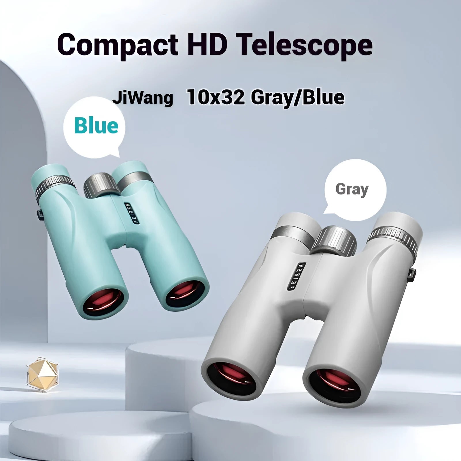 10x32 blue binoculars with wine red lenses showing 112mm height measurement