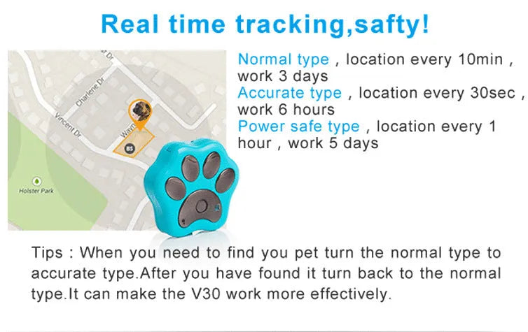 Blue V30 dog collar anti-loss locator, 47x40x15mm plastic, GPS tracker with fence alarm