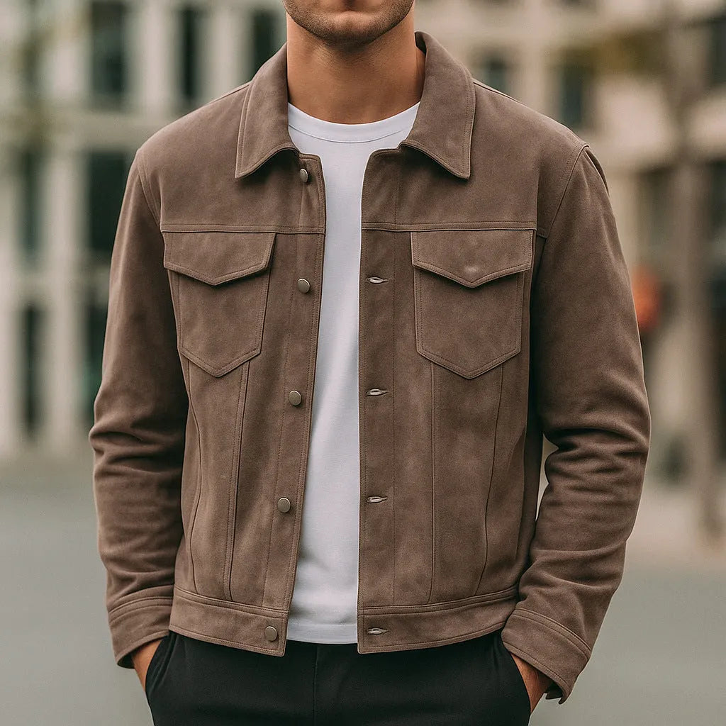 Deer Suede men's winter lapel work jacket in brown with 3D patch pockets and loose fit