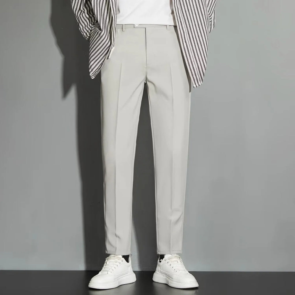 Men's straight-leg suit trousers in chemical fibre blend available in multiple colours and sizes