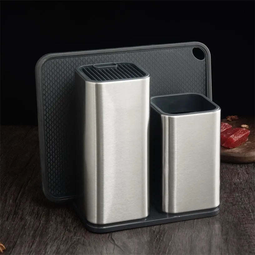 Black and white multifunctional kitchen tool holder with detachable bottom for storing knives and cutlery.