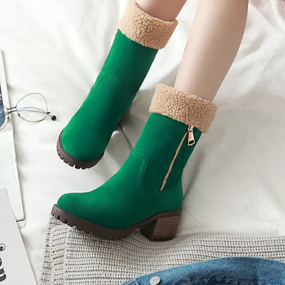 Waterproof snow boots with rubber sole and plush lining in black, grey, green, orange colours.
