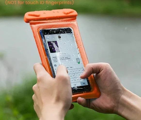 Clear double airbag waterproof phone pouch with orange lanyard on a blue background.