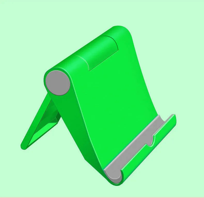 Black PE folding tablet stand holding a mobile phone at an adjustable viewing angle on a wooden desk.