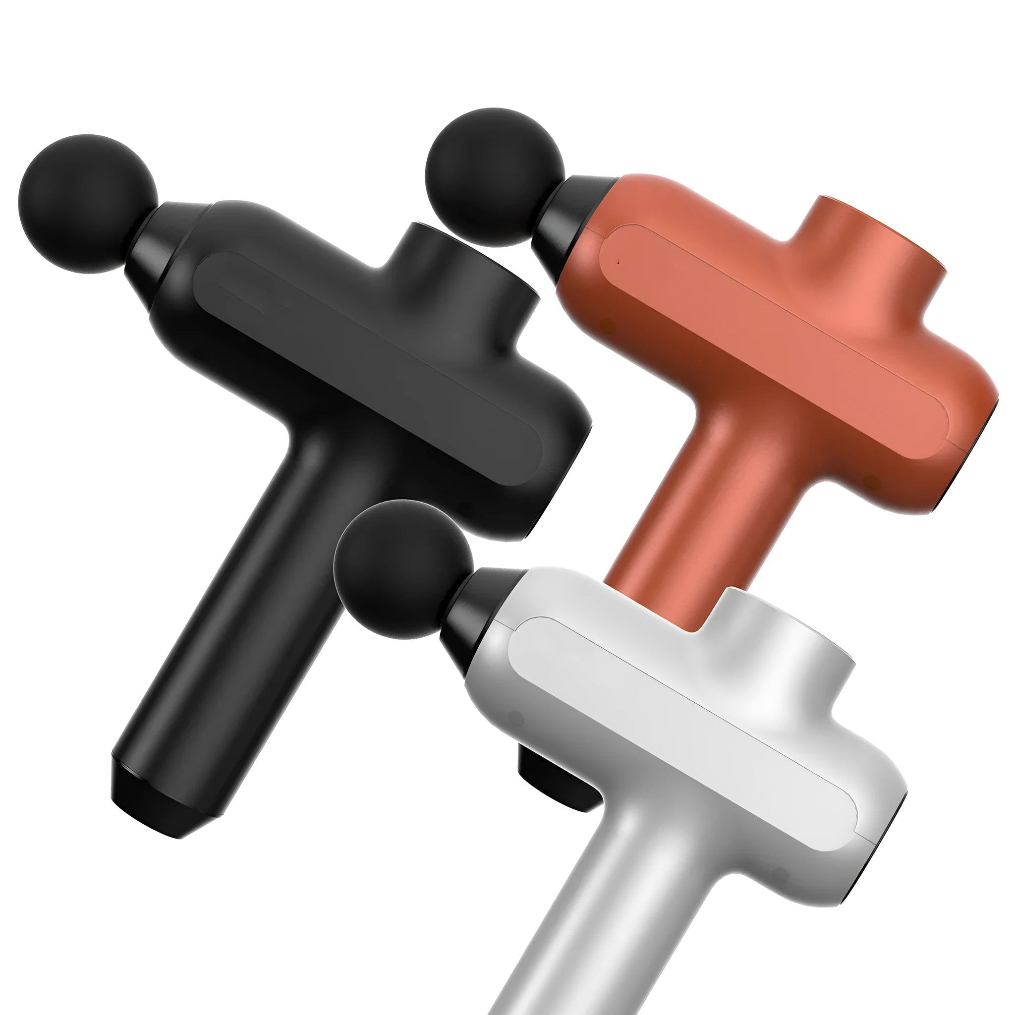 Black handheld electric muscle massager with multiple attachment heads on a white background