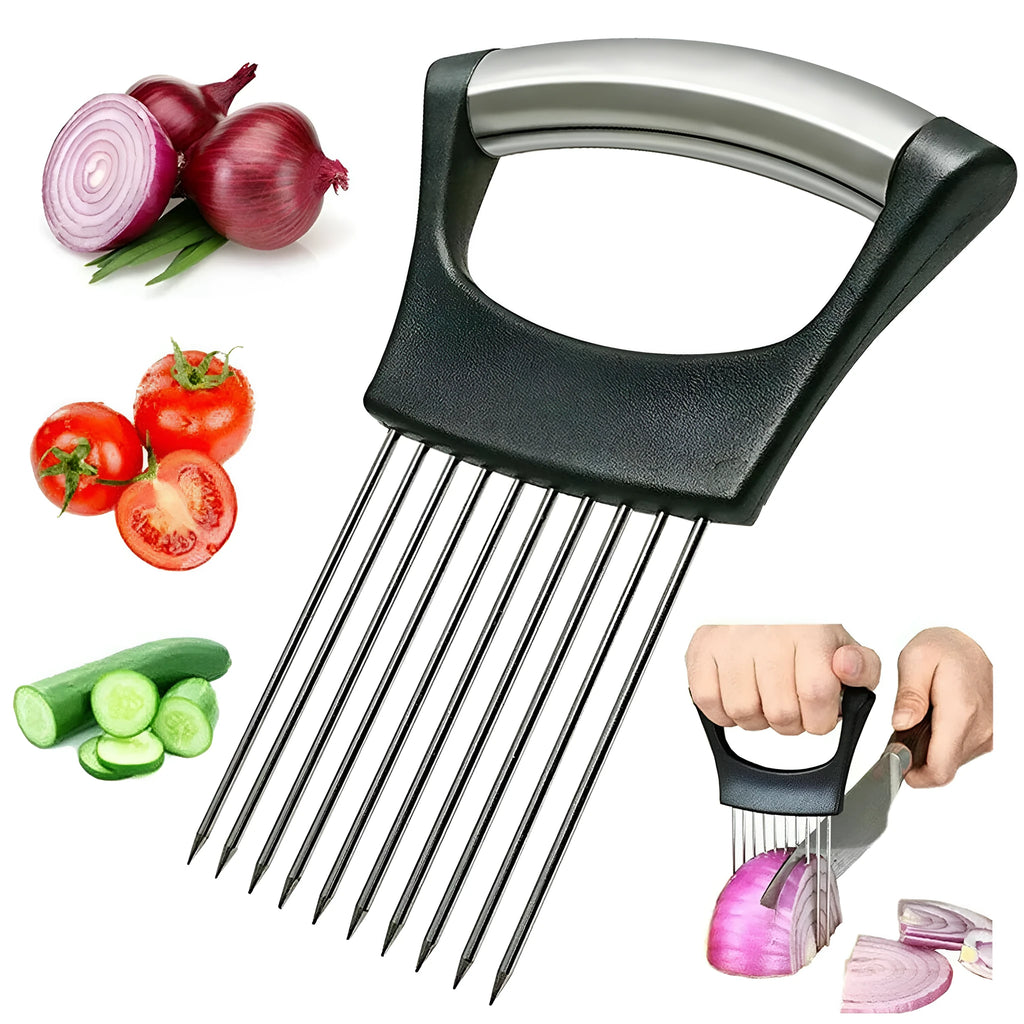 Stainless steel onion and tomato holder slicer with ABS handle on a kitchen worktop.