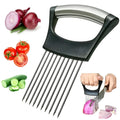 Stainless steel onion and tomato holder slicer with ABS handle on a kitchen worktop.
