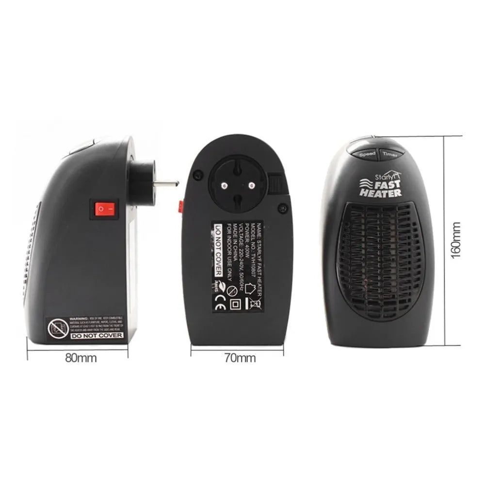 Black mini ceramic electric heater with digital display and a rotating three-prong plug.