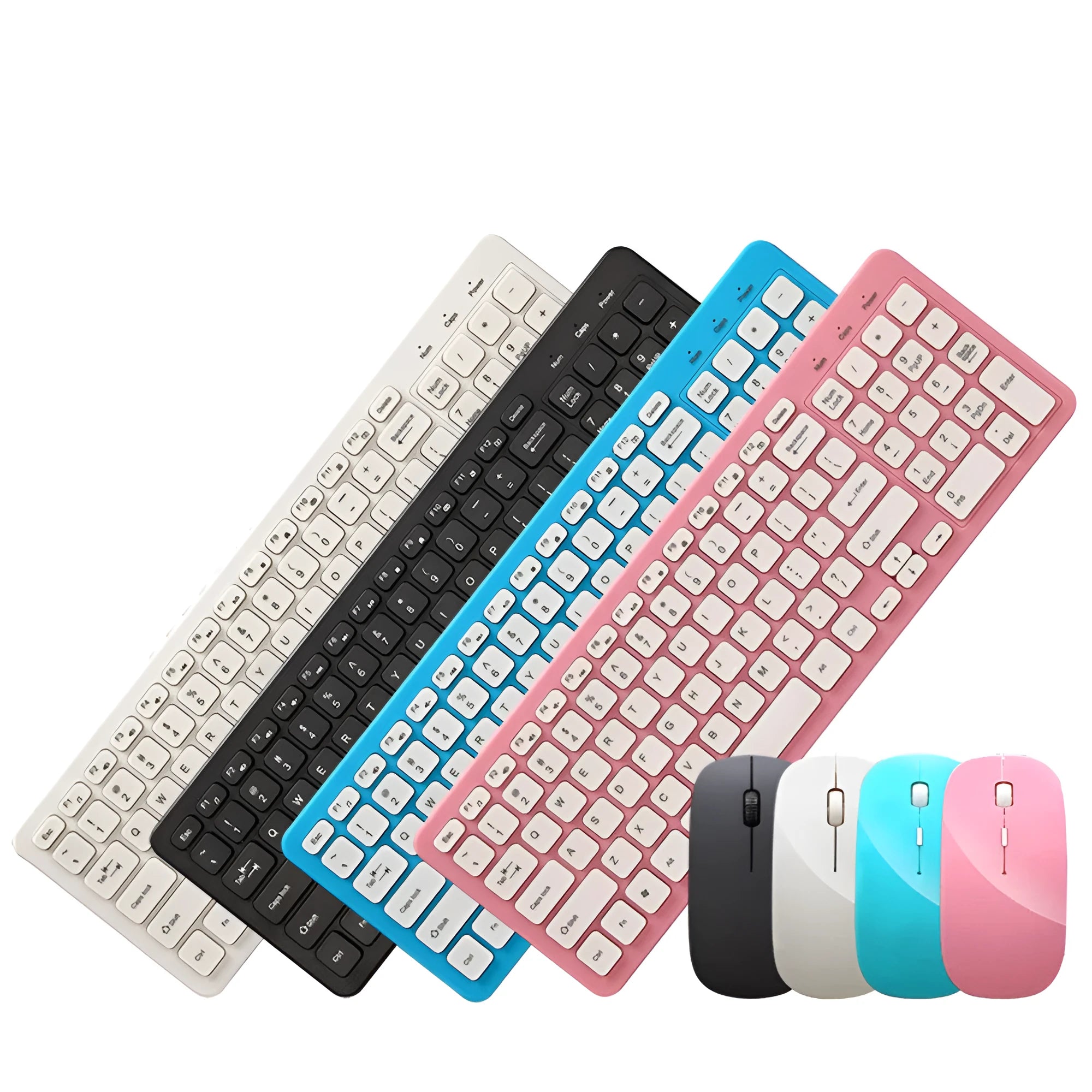 Wireless keyboard and mouse set in black, white, pink, or blue colours with 96-key layout and adjustable DPI mouse