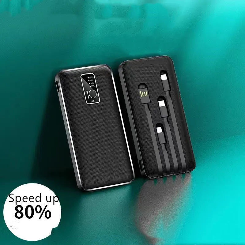 Portable power bank with digital display showing battery percentage, surrounded by USB, Micro USB, Type-C, and Lightning cables.