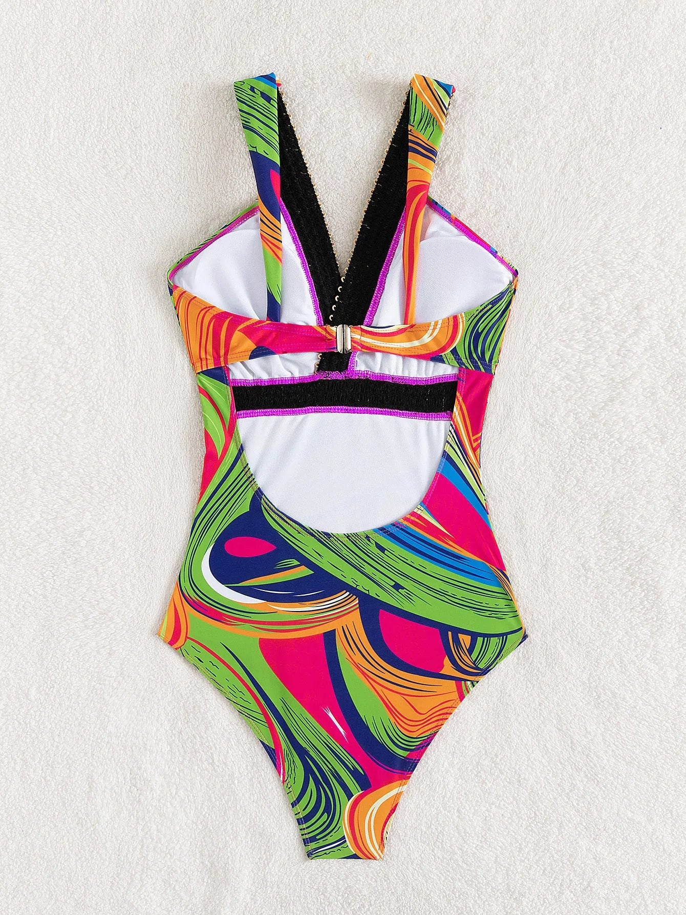Women's deep V neck one-piece swimsuit with spaghetti straps in floral print pattern