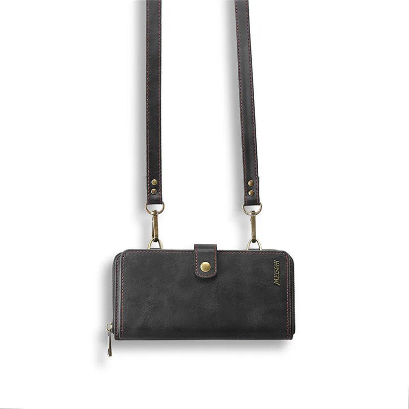 Detachable leather wallet flip case for Apple iPhone and Samsung Galaxy phones in black, blue, brown, and red.