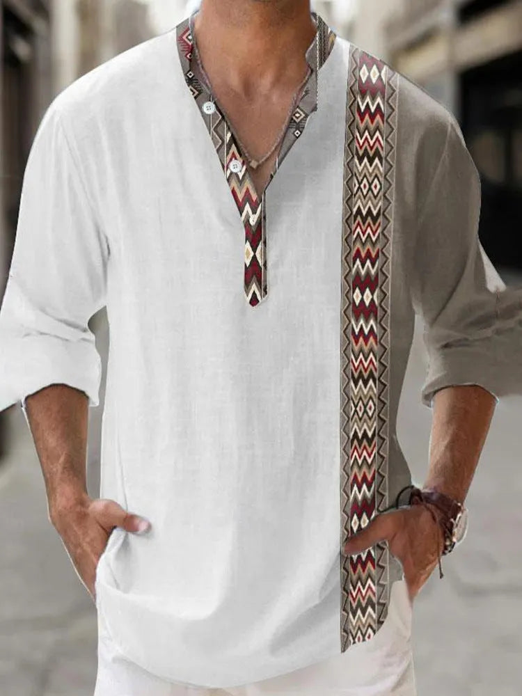 Man wearing a thin, striped long sleeve Hawaiian-style casual shirt in lilac.