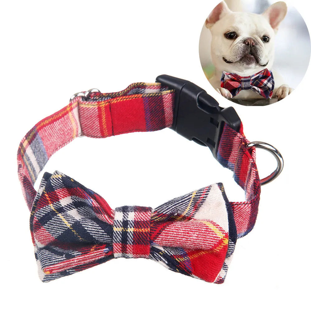 Cloth grid pattern dog bow collar in blue with S size for small to medium dogs
