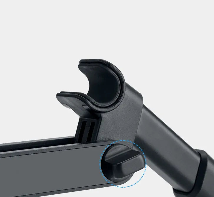 Black universal car phone holder mounted on vehicle rear seat base holding tablet