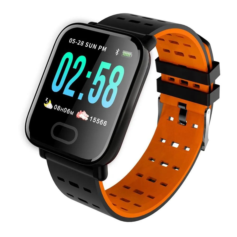 A6 smart bracelet with colour screen and blue silicone strap showing fitness stats.