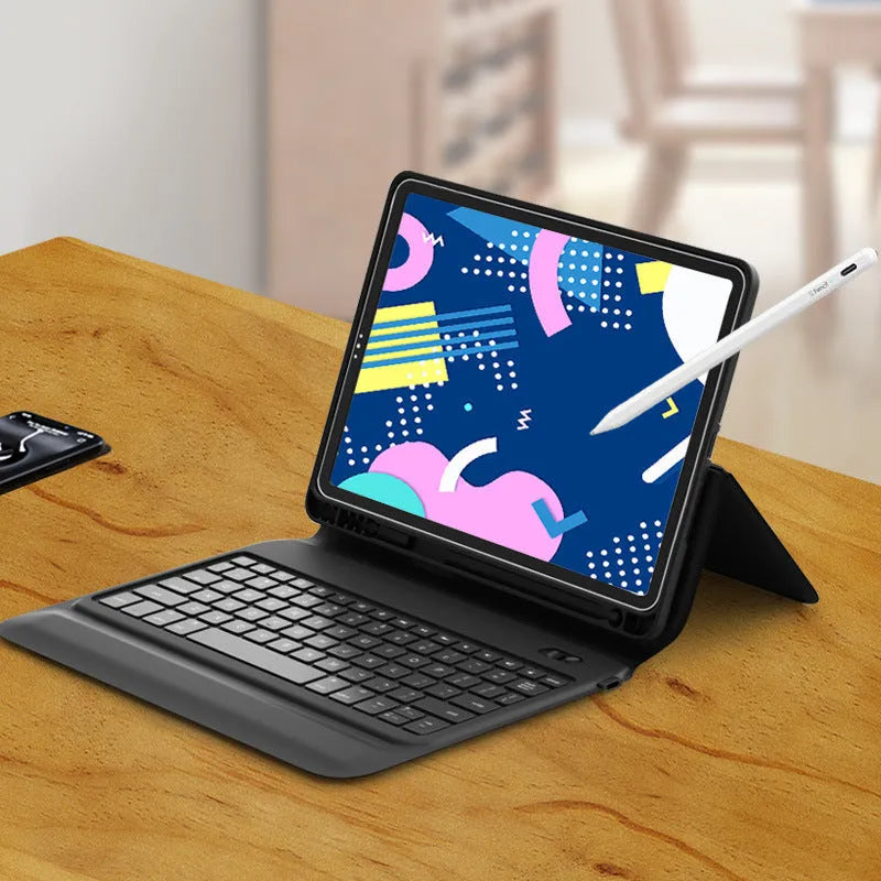Ultra-thin black wireless Bluetooth keyboard case for iPad, flip style with imitation leather cover and integrated keyboard